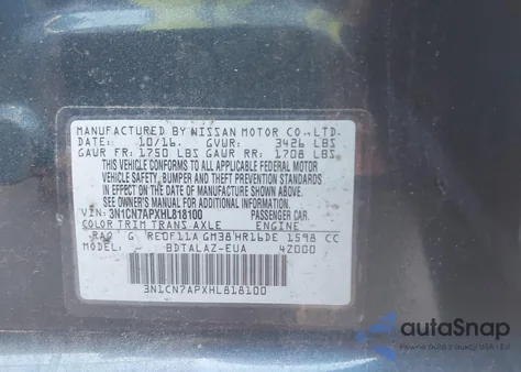 2017 Nissan Versa 1.6 S+ из США, поврежденный, VIN 3N1CN7APXHL818100